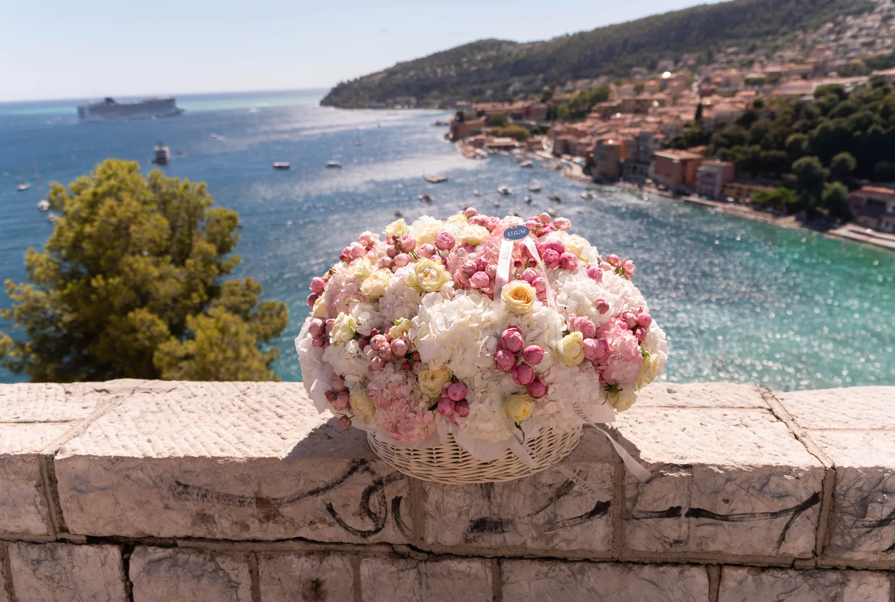 A floral arrangement overlooking the coastline